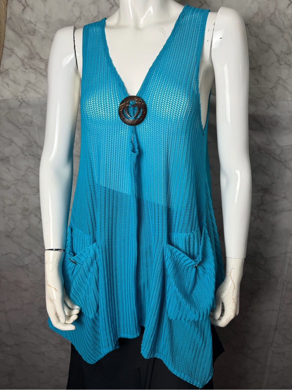 Turquoise Open Knit Tunic Vest M/L Pockets Coconut Style Button Beach Coverup